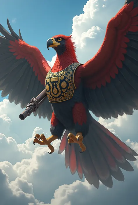 I want there to be a very large Garuda bird carrying a weapon and wearing an indonesian army vest as well as an indonesian army complete attribute