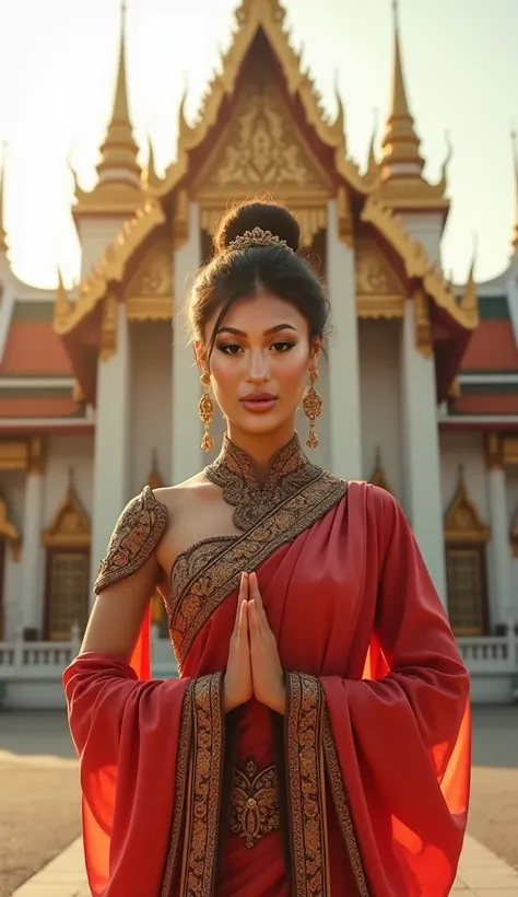 A woman in an opulent traditional Thai outfit, hands together, posing confidently in front of a majestic royal palace, with golden light illuminating her figure, enhancing the intricate details of her attire.