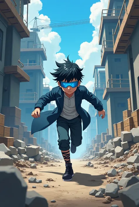 Anime a  boy with black hair, blue eyes and a blue blindfold, with a blue blindfold, he must pass a path blindfolded without knocking down construction sites. 