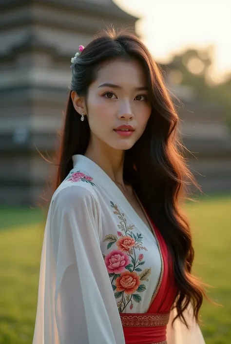 A beautiful perfect body, beautiful fine face, 1 Chinese girl, beautiful black eyes, long wavy black hair, dressed in traditional Thai clothing, standing on a lawn with the backdrop of Wat Aruns pagoda., ,a dim light pass through her body. Realistic photog...