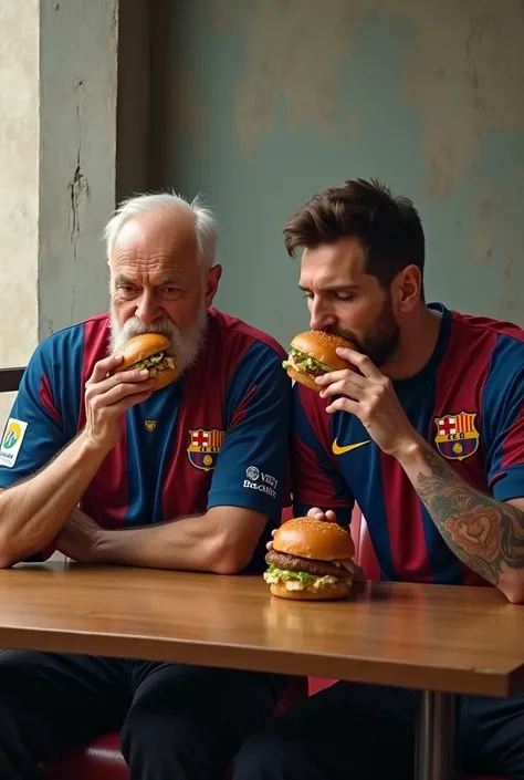 Lenin Messi wearing a Barcelona shirt and eating a burger