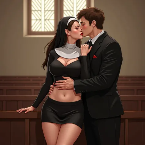 sexy pretty nun ,big breast, wearing  miniskirt open in front show private part pink pussy,
High Resolution, Brown Hair, Large breasts, no panties, standing in church , kissing the boy of service, full body view