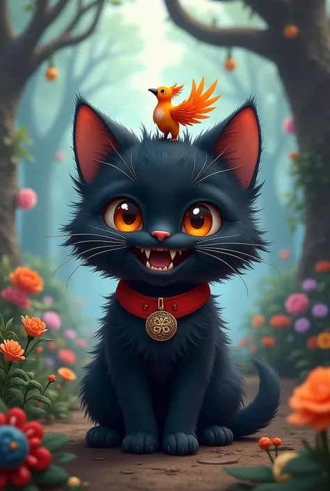 Draw a virtual picture, a fluffy black kitten, smiling, seeing terrible teeth. The red collar has the word SzG, there is a phoenix perched on its collar, writes that Xin, the background is a magical forest.