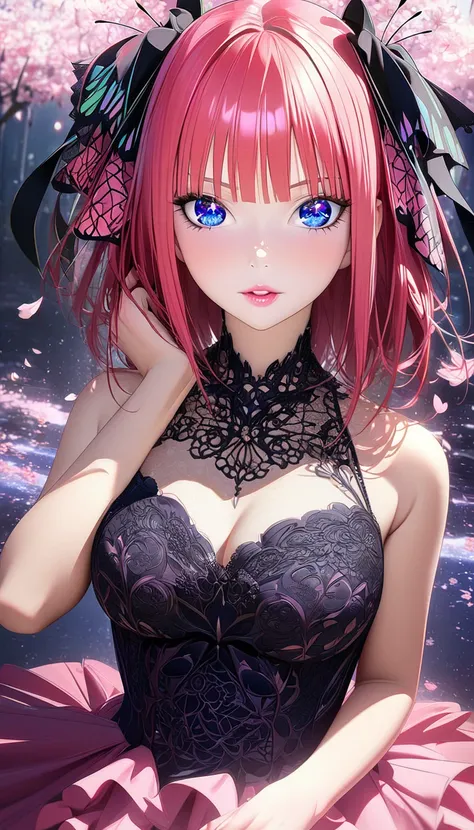 1girl, nakano nino, go-toubun no hanayome, beautiful detailed eyes, beautiful detailed lips, extremely detailed face and eyes, long eyelashes, glamorous evening gown, fitted bodice, intricate lace details, dramatic layered skirt, flowing like blooming peta...