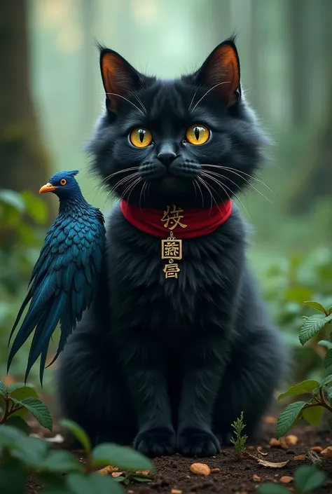 Draw a virtual picture of a black cat, fluffy, scary, sweet-eyed, red-necked, with the word SzG, a phoenix perched on its collar, writing that Xin, the background is a magical forest.