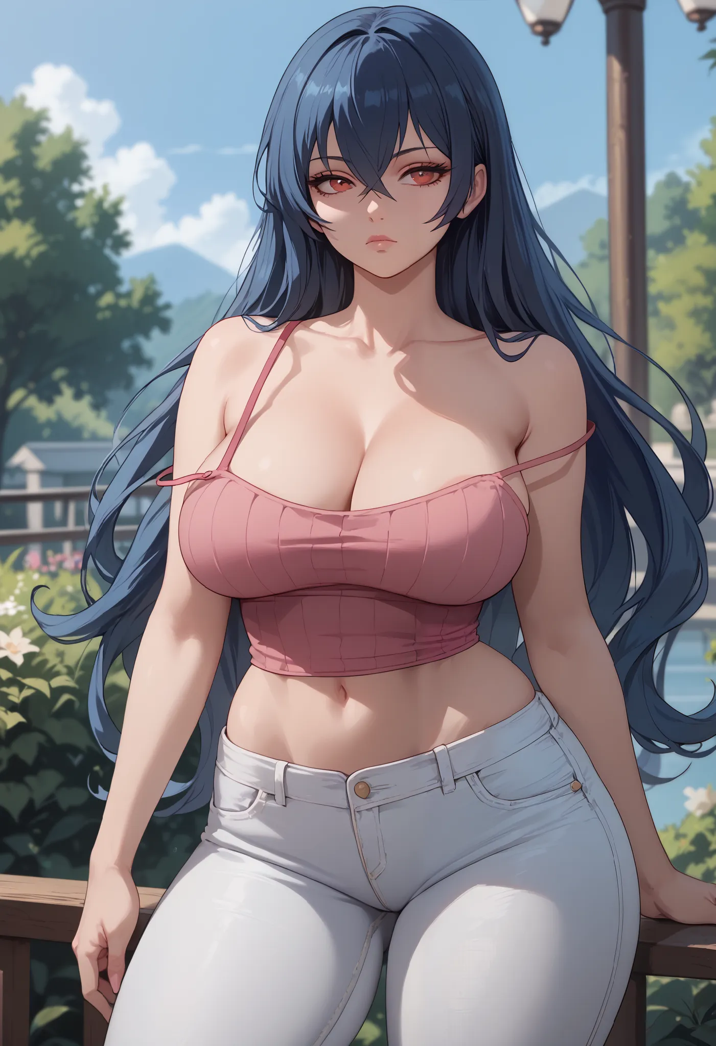 1girl, large breasts, large hips, small waist, large thighs, expressionless, hgsssab, blue hair, bare shoulders, cleavage, white...