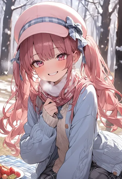 ((masterpiece、 best quality ))woman、Petite、Small breasts、cute、young、 Picnic、 twin tails、 pink eyes、Idol、smile、 red cheeks 、Teary-eyed、White breath、winter、 muffler 、hat、 cardigan
