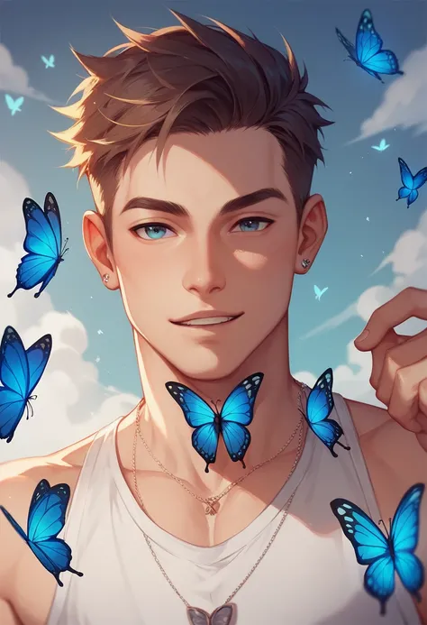 A boy with butterflies around his body and a man with butterflies around his body