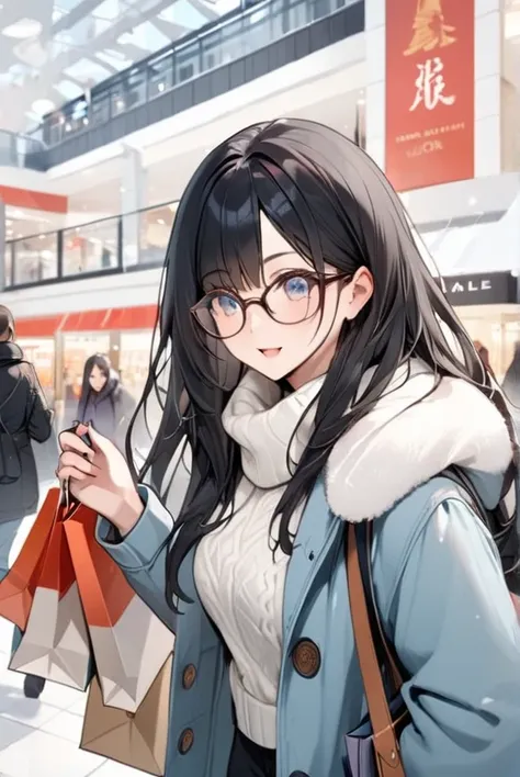 Black hair, long hair, glasses, winter clothes, shopping, shopping mall