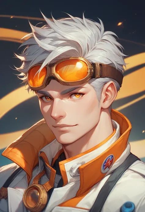 dynamic aeronaut male with medium-length silver hair and glowing amber goggles, wearing a fitted aviator’s jumpsuit with aerodynamic designs, framed by abstract streaks of motion and glowing air currents