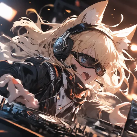  high definition , Blonde,  1 girl , DJ， animal ears ,  wolf cut,  accessories,  motion blur,  Illustration , Black Mask， headphones ， Katyusha，Exhilarating figure

