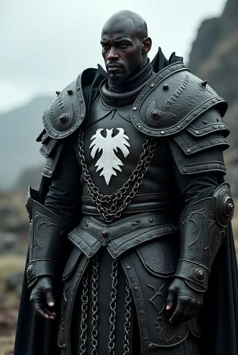  warrior with black skin and bald head without beard ,  in blackened plate armor and chain armor, white coat of arms over armor , im Stil von Game-of-Thrones