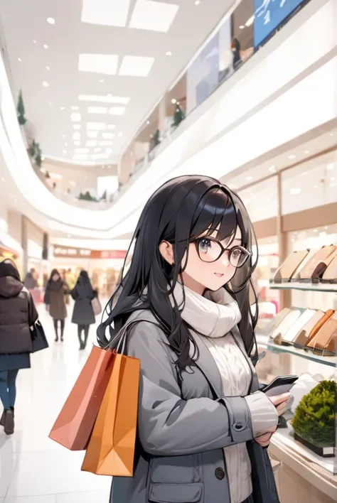 Black hair, long hair, glasses, winter clothes, shopping, shopping mall