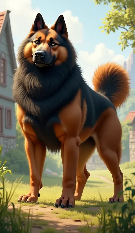 "A strong and noble male dog standing in a proud and alert posture, with a muscular build and shiny coat. The dog has a thick fur coat in shades of brown and black, with a broad chest and a confident expression. Its tail is raised high, and its eyes are sh...