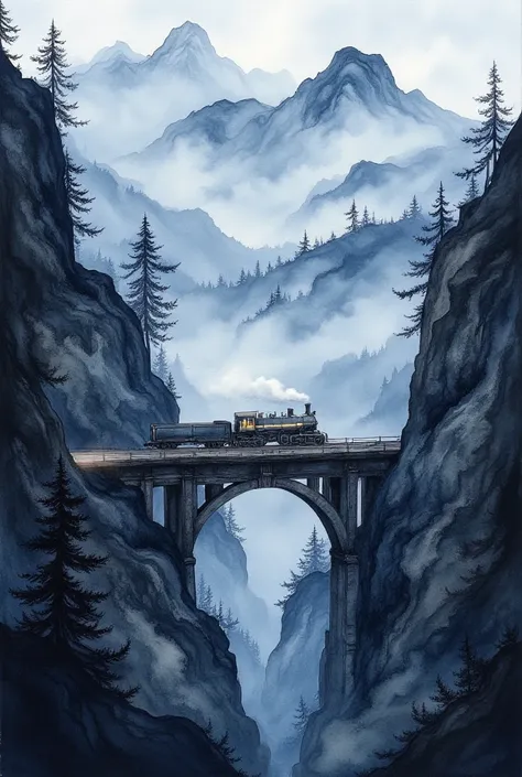 (masterpiece:1.2,Superior Quality,Mirror finish, Cinematic Experience, best illustration:2.0),8k,(Watercolor:2.0),(An old bridge shrouded in fog :2.0),(An old bridge is built in a mountainous area:2.0),( bridge over the mountainous area :2.0),( A freight t...