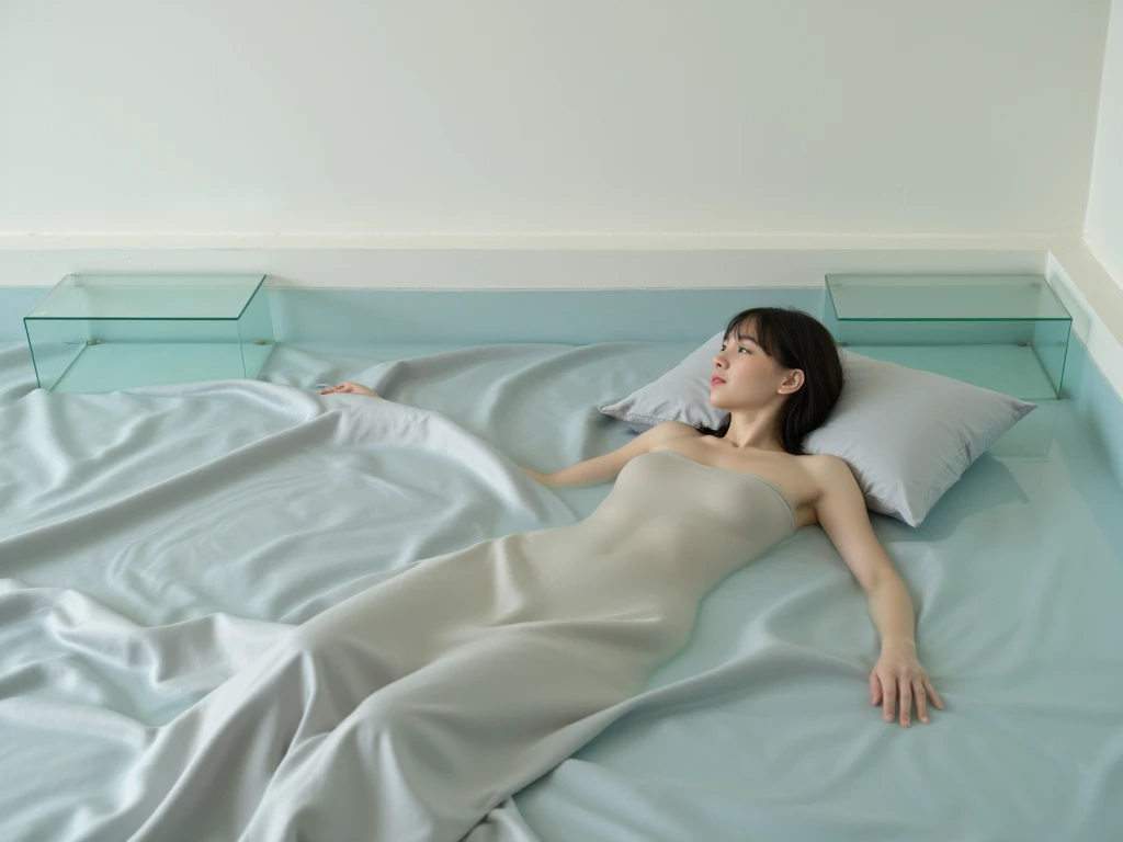 A woman, reclining languidly in a bed of still water,  lying on a bed sheet of a light-gray satin material, completely submersed in the water,  minimalist studio shot featuring clean lines and smooth surfaces;  pale, ethereal studio lighting; contemporary ...