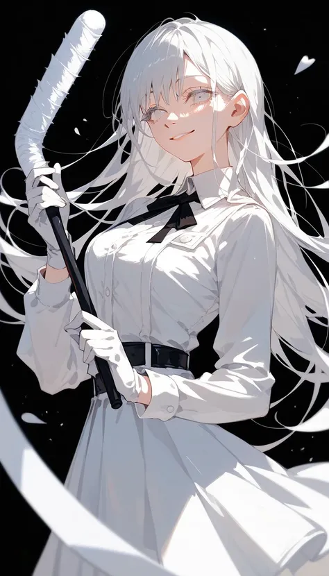  ,White hair, Beautiful long hair  ,  in white eyes ,White eyelashes , long sleeved white silk shirt, Wear white gloves,  Medium Bust,smile,cute, black background, chainsaw art,Holding a white cane ,White skirt,White leather shoes, Full Body Image 