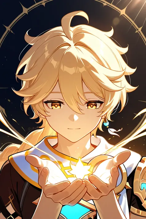 Aether (genshin impact), bright sunlight in hands, blonde hair, intricate details, high resolution, In full growth,  backlighting, perfect anatomy, detailed face, detailed eyes