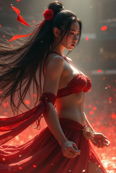  High image quality  , masterpiece,    Very detailed (     Subtle Light and Shadow     ,    very dramatic picture     ,)Japanese Mythology Goddess , Female wrestler 、Big Breasts 、Muscular、 Strongest and Most Beautiful 、 Black Haired Slayer  、    dynamic an...