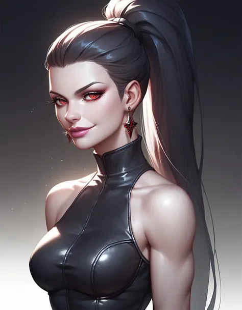 female sleeveless black leather turtleneck, bare shoulders, racerback, bare toned arms, beautiful faces, black ponytail with showing forehead, long ponytail, black earrings, soft smooth skin, pale skin, black background, red eyes, sci-fi, high contrast, pi...