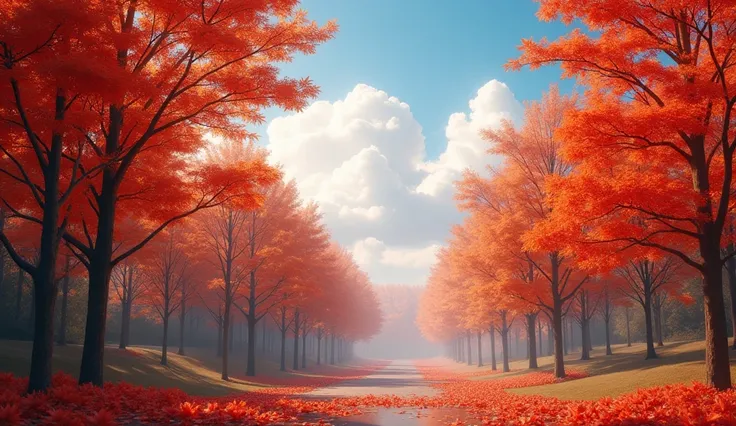 wallpaper, Standing in the autumn, Maple Leaf, Trees, Sky, White Cloud,  HD Details , wet watermark ,  super detailed , Movie,  surrealism , Soft Light, Deep Field Defocus ,  ray tracing , diffusion ( ultra-fine glass reflection ) and  surrealism . 