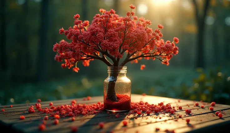 Cherry tree in a bottle, hairy,  actual , Refraction of atmospheric light, Photographed by Lee Jeffries ,  Nikon D850 film stock photo 4 Kodak Portra 400 camera f1.6 Lenses,  rich color , ultra  actual   actual  textures,  Dramatic Lighting , Unreal Engine...