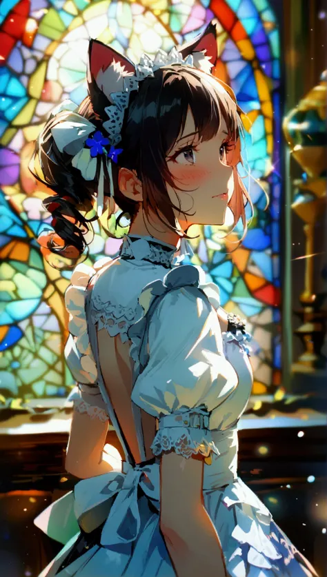 1girl, masterpiece,  best quality,  very aesthetic,  ultra high resolution、Maid、Maid服、Cat ears、tail、 pretty girl、Cute、Beauty、beautiful、Shake it、 imaginary、 colorful 、 embarrassed 、 is shy、 bling、 Magical Girl、Idol、 Gothic Lolita 、precious、ephemeral、Looking...