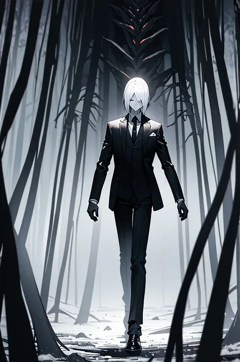 a slender humanoid figure with long limbs, pale skin, no facial features, wearing a black suit, in a dark forest, dramatic lighting, dark and moody atmosphere, horror, cinematic