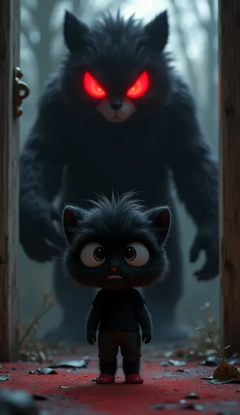 "Kittu, the 4-month-old male baby lion ,  round face with big eyes and oily black  hair human type, 

stumbles upon the Chudail’s true form, a shadowy figure with glowing red eyes. Kittu is terrified, his eyes wide. He is wearing a black T-shirt and black ...