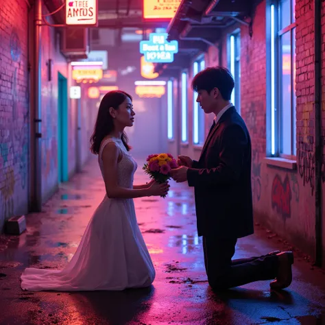 ((masterpiece))((highest quality)). ((Background is a Highly detailed cyberpunk city with multicolor LED lights. Graffiti .Luminous.))Beautiful Thai girl wearing a Vintage Thai wedding dress Kneeling, holding a bouquet of flowers Asking a Korean man to mar...