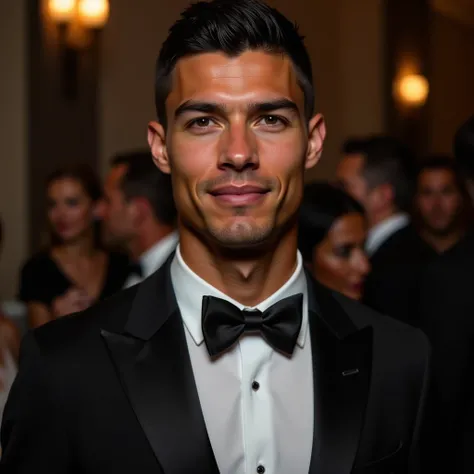 Full body portrait of Ronaldo in a suit, small head, extremely detailed skin, at an elegant party, blurred background.