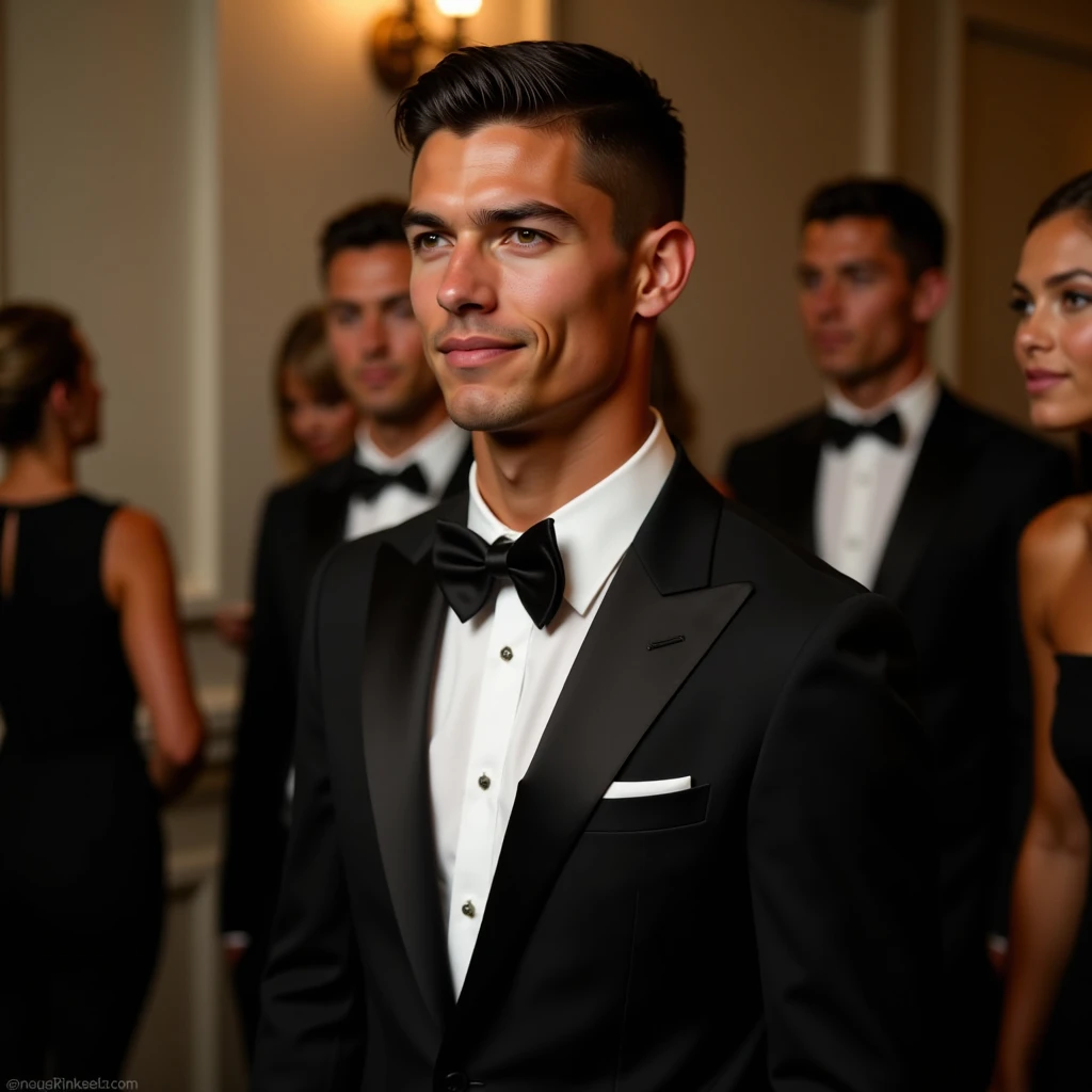 Full body portrait of Ronaldo in a suit, small head, extremely detailed skin, at an elegant party, blurred background.