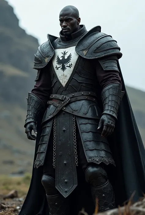  warrior with black skin and bald head without beard ,  in blackened plate armor and chain armor, white coat of arms over the chest, im Stil von Game-of-Thrones