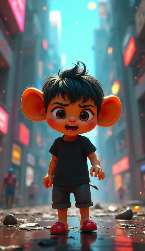 "Kittu, the 4-month-old male baby lion ,  round face with big eyes and oily black  hair human type, 
desperately tries to exit the game as the ipad screen glitches and traps him. His expression is frantic. He wears a black T-shirt and black pant and red sl...