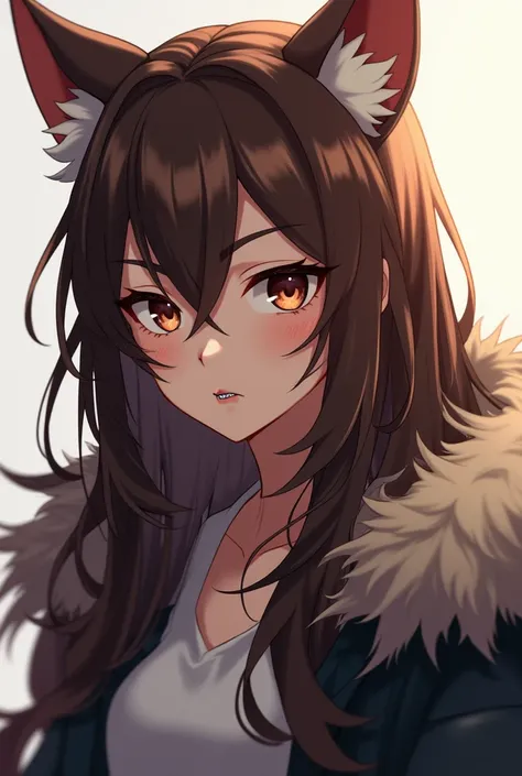 Girl anime teens UA students, Wolf-Hybrid, brown hair with wolf cut strands, brown eyes with wolf pupils and snake bites lip piercing