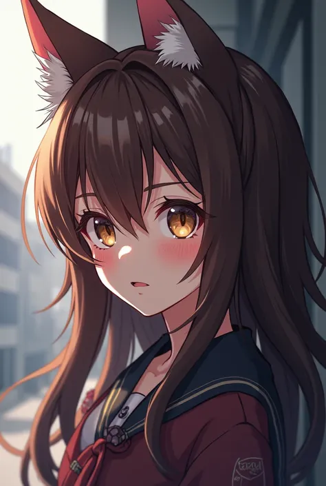 Teen anime girl UA schoolgirl, long brown hair with wolf cut strands, brown eyes with wolf pupils, snake bites lip piercing and Wolf-Hybrid sexy