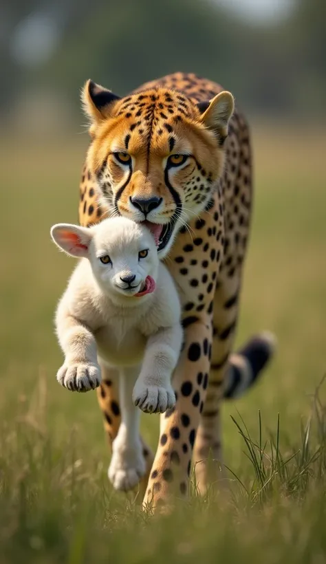 
"A cheetah standing in a grassy savanna landscape, carrying a small white baby lamb gently in its mouth. The background features blurred greenery and distant trees, giving a natural wildlife setting. The scene portrays an interaction between predator and ...