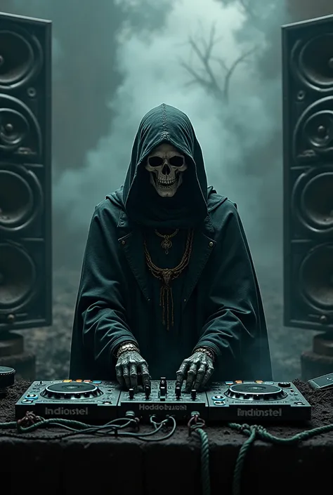 arafed image of one dj with a skull on their head, just art for dark metal music, reaper, grimdark vibes, demonic atmosphere, the reaper as a scary, electronic hardcore music, machine noir grimcore, grim atmosphere, big speakers, black metal style, ghastly...