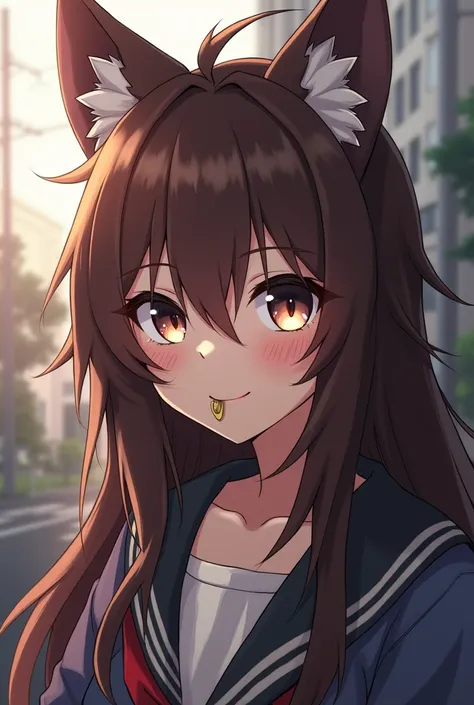 Teen anime girl UA schoolgirl, long brown hair with wolf cut strands, brown eyes with wolf pupils, snake bites lip piercing and Wolf-Hybrid sexy