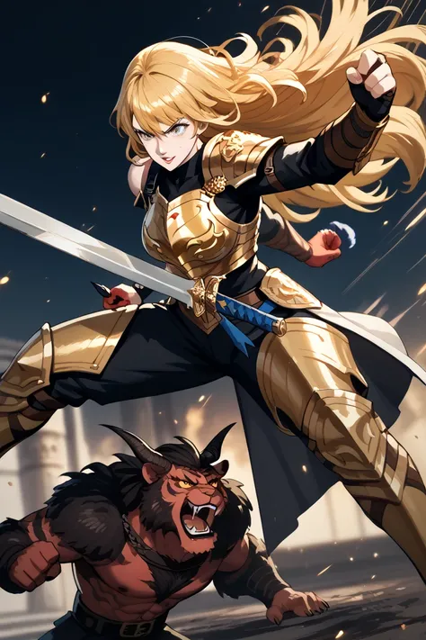 Create a picture of a girl with a sword and a golden armor and long golden hair and behind the girl a white tiger fighting with a big eagle and in a plain  and s and the girl is fighting a devil. in dark fantasy world