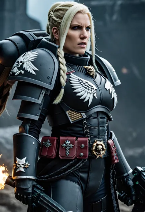 katheryn winnick,warhammer 40000, realista, fotografía, battle sister cosplay, space marine weapons, blonde white hair with  bra...