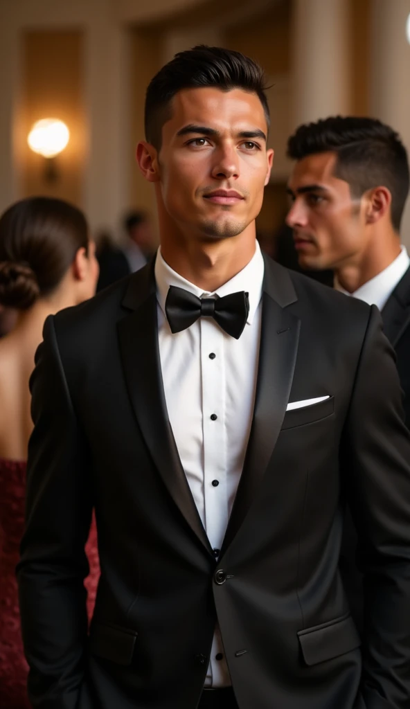 Full body portrait of Ronaldo in a suit, small head, extremely detailed skin, at an elegant party, blurred background.