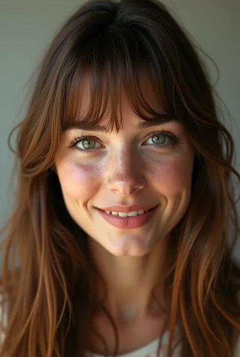  Create a 30-year-old woman with long straight light brown hair and bangs of the fashion of the eighties, triangular face ,  dimples on the cheeks when smiling  , Small-eyed color 
Verdes ( similar to the fictional character of Matilda in the movie )