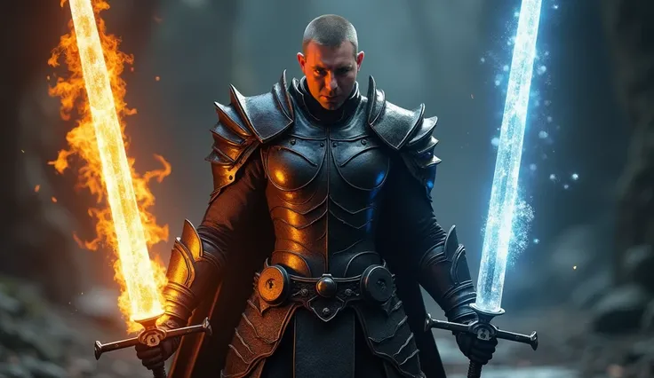  A warrior with very short hair, in black clothes and armor .  Holds a burning sword in one hand. An ice sword is raised in the other hand . The face is well lit.