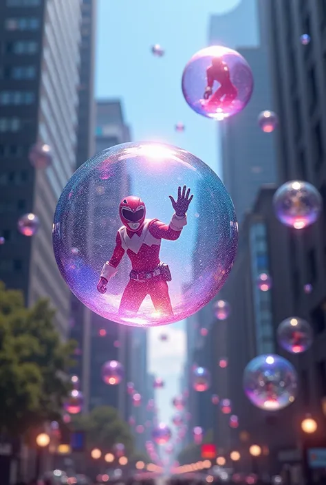 Magical bubbles trapped in the Power Rangers are floating in the air in the citys building district