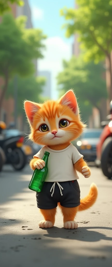 A whimsical scene featuring a small orange kitten anthropomorphically dressed in a white T-shirt and black shorts with a white drawstring. The kitten is holding a green glass bottle with a straw and appears to be drinking from it. The setting is an outdoor...