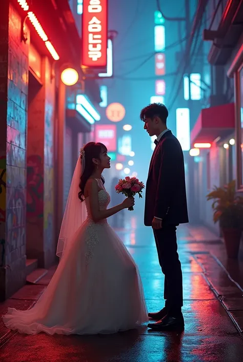 ((masterpiece))((highest quality)). ((Background is a Highly detailed cyberpunk city with multicolor LED lights. Graffiti .Luminous.))Beautiful Thai girl wearing a Vintage Thai wedding dress Kneeling, holding a bouquet of flowers Asking a Korean man to mar...