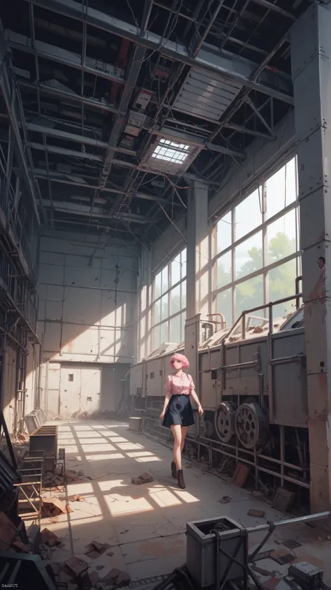 female, short pink hair, pink eyes, walking in an abandoned factory, old broken machines, rusted metal parts laying about, nature overgrown, dilapidated walls and ceiling, sunshafts, 
