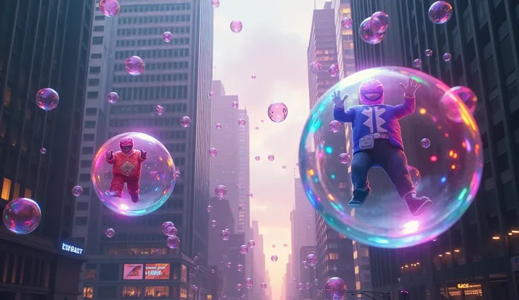 Magical bubbles trapped in the Power Rangers are floating in the air in the citys building district