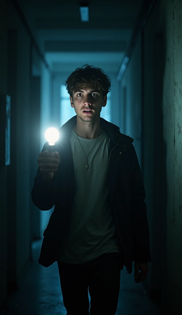 A startled young man holding a flashlight, looking anxiously around the dimly lit corridor. His face shows fear and curiosity, and the sound of his voice seems to echo in the emptiness.